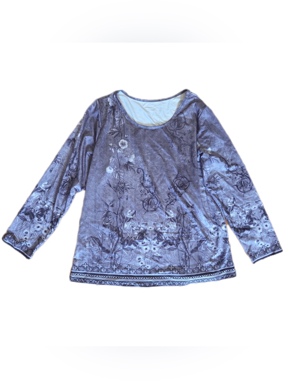 Floral Print Long Sleeve Top in Dusty Blue, silver and gray.